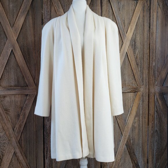 Vtg Alorna Dress Coat Women's 1X Ivory White Wool Blend Open Front Shoulder Pads - Picture 1 of 11